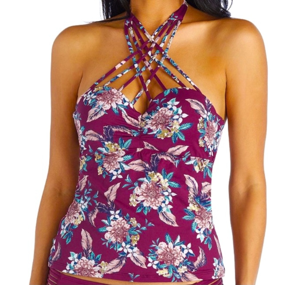 Ambrielle Burgundy Floral Print Tankini Swim Tops